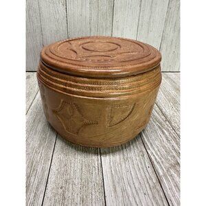 Vintage Leatherbound Decorative Symbols Storage Trinket Box 5" Diameter with Lid